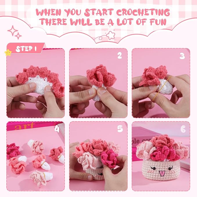 Hssugi Crochet Kit for Beginners, 6PCS Potted Plant Coasters Crochet Kit | Coasters Crochet Kit with Step-by-Step Video Tutorials, Crochet Hooks, Learn to Crochet Kits for Adult Beginners