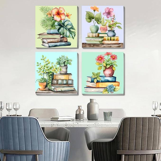 Fotasmua 4 Pack Framed Paint by Numbers for Adult, Book Paint by Numbers Kit for Adults Kids, DIY Flowers Plant Acrylic Painting on Canvas for Home Wall Art Decor 8 x 8 Inch