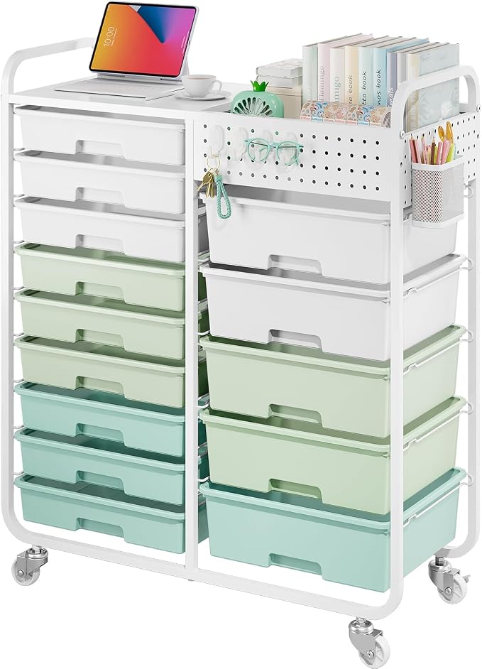 14 Drawer Rolling Storage Cart with Tabletop and Pegboard for Crafts Green | Easy Setup, Large Capacity, Sturdy Build, Smooth Mobility, For classroom, office and dorm supplies