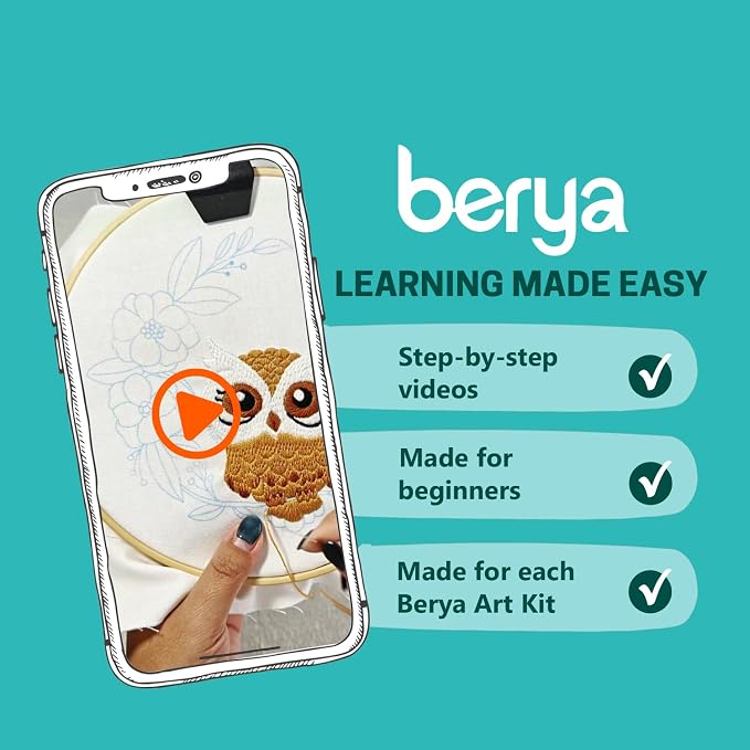 BERYA Owl Embroidery Kit, Embroidery Kit for Adult, Owl Pattern Practice Kit, Including Video Step by Step Instructions, Embroidery Hoop, Cloth, Needles and Thread for DIY Craft Lover (BEO013)