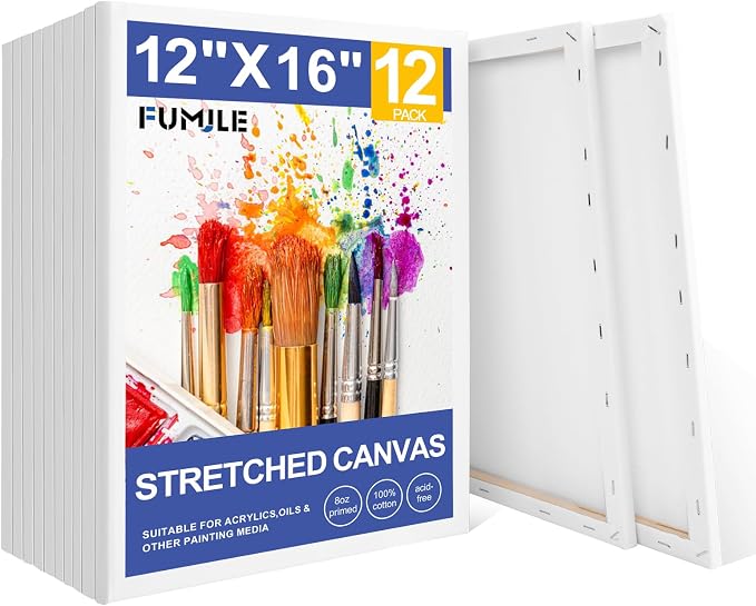 FUMILE 12x16 Canvas for Painting Stretched, 12 Pack Canvases for Painting-5/8 in Profile Primed White Blank Painting Canvas Value Pack for Oil & Acrylic Paint