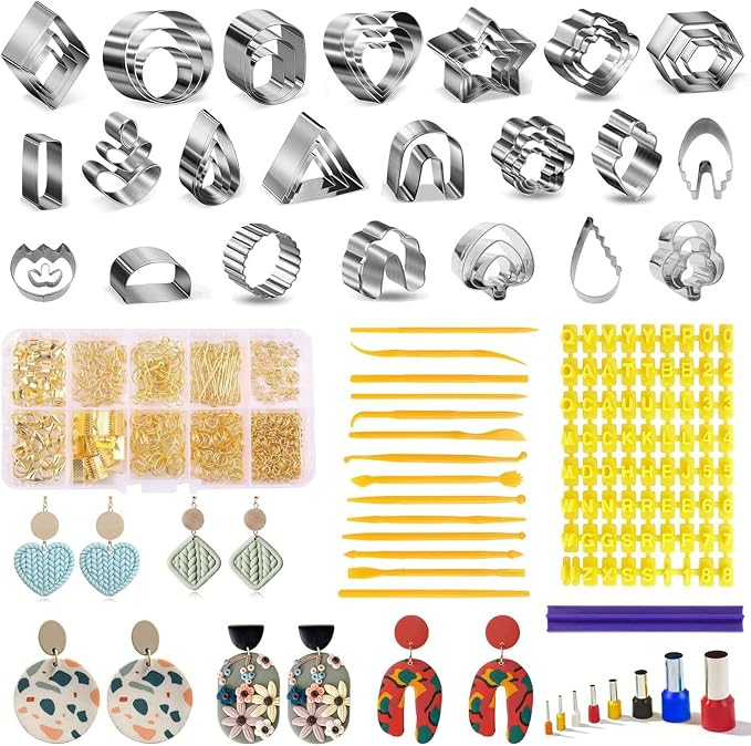 Fesorsi 782 Pcs Clay Earring Making Kit, 49 Polymer Clay Molds Stainless Steel, Polymer Clay Tools with 8 Circle Cutters, 1 Clay Letter Stamps and 710 Pcs Earring Accessories for DIY Jewelry