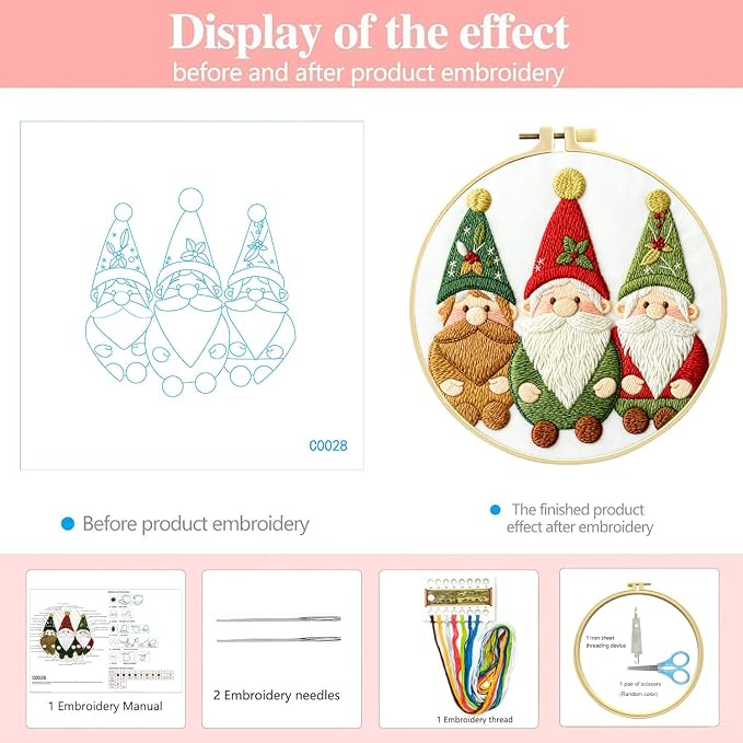 Zhenqing Christmas Gnome Embroidery Kit for Beginners, 3 Gnomes Needlework Kit with Pre-Printed Cotton Fabric, Hoop, Threads & Tools (C0028)