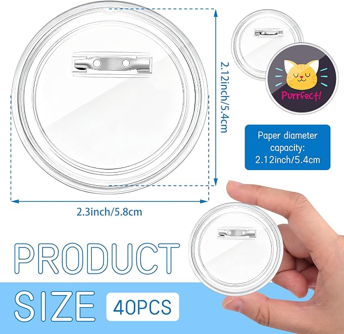 Bignc 2.3 Inch Clear Acrylic Button Pins - 40 Pack DIY Custom Design Buttons, Pin Backs & Blanks for Sublimation, Crafts, Photo Badges for DIY Gifts & School Projects,Teams, Events Badges