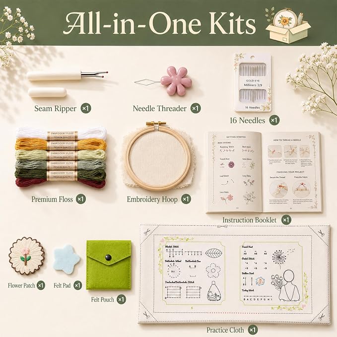 Cikeela Embroidery Stitch Book Beginner with Fabric Pages, 31 Essential Stitches in Structured Learning Order for Adults, DIY Sewing Kit with Floral Motifs, Practice Patterns EmbroideryStitch Book Kit
