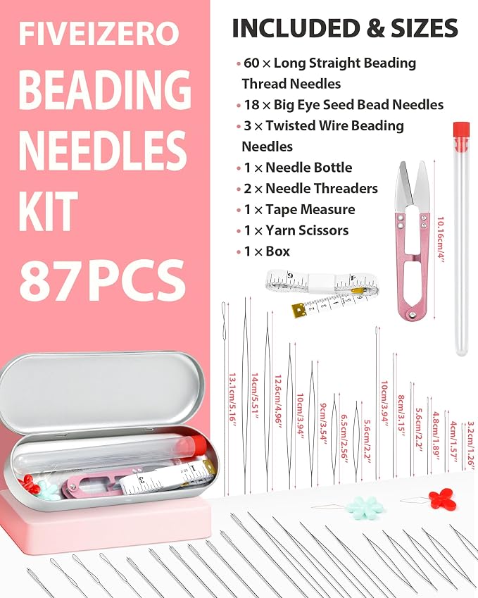 FIVEIZERO 87-Piece Beading Needles Set, 3 Types, 6 Sizes for Jewelry Making