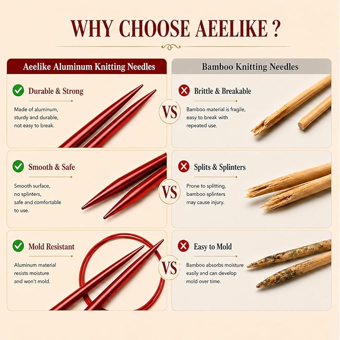 Aeelike 13 Pair Interchangeable Circular Knitting Needles Set 3-10 mm, Red | Aluminum Interchangeable Knitting Needles with 4 Cables, Smooth Complete Needles Set for Socks Blankets Sweaters, Ideal Gift
