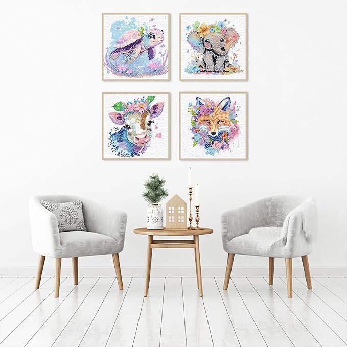 VividMeng 4 Pack Diamond Art Kits for Kids, 5D DIY Cute Animals Diamond Painting Kit for Kids Beginners, Gem Art by Number Kits for Boys Girls Ages 6-8-12-14, Home Wall Decor Gift for Party 6X6inch