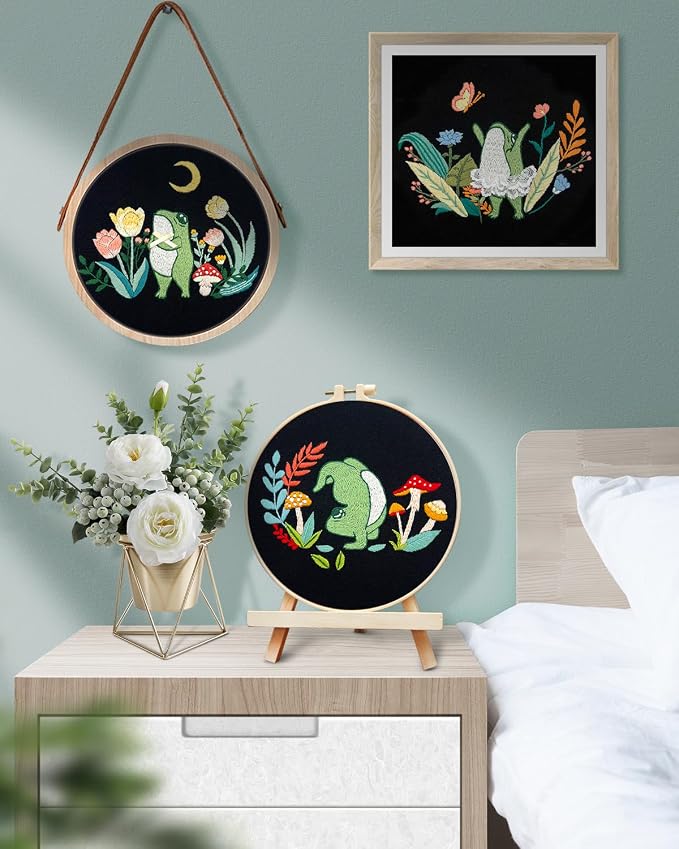 TINDTOP 3 Sets Embroidery Kit for Adults, Frog Embroidery Practice Kit | for Beginners Include Embroidery Cloth Hoops Threads for Craft Lover Hand Stitch with Embroidery Skill Techniques