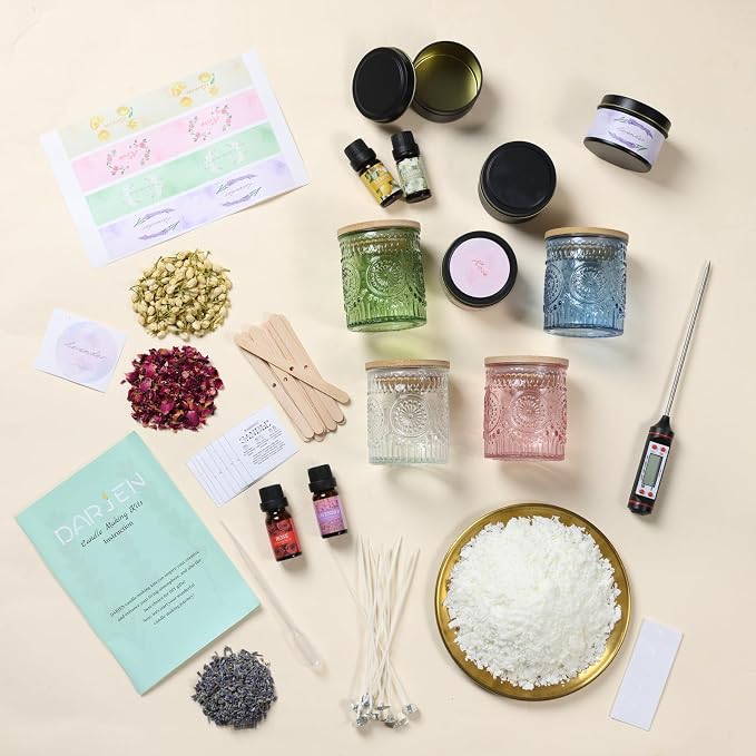 DARJEN Candle Making Kit for Beginners, 2 Jars Soy Wax Scented DIY Set | 100% Soy Wax, 10oz Glass Jars, 4oz Tins, Cotton Wicks, Pleasant Scents, Instruction& More- Perfect as Home Decorations