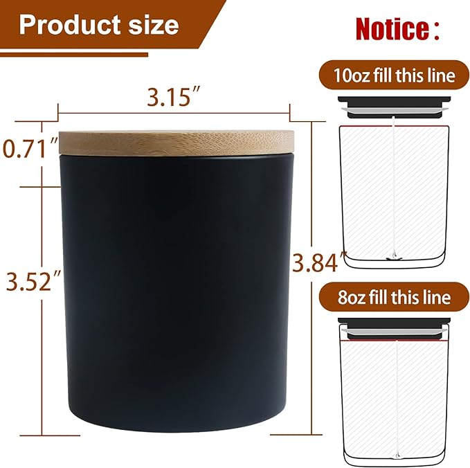 CONNOO 12 Pack 10 OZ Matte Black Glass Candle Jars | Airtight Bamboo Lids Nice Sticky Warning Labels for Candle Making Empty Container Bulk - Dishwasher Safe