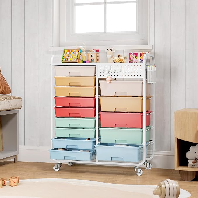 14 Drawer Rolling Storage Cart with Tabletop and Pegboard for Craft Color | Easy Setup, Large Capacity, Sturdy Build, Smooth Mobility, For classroom, office and dorm supplies