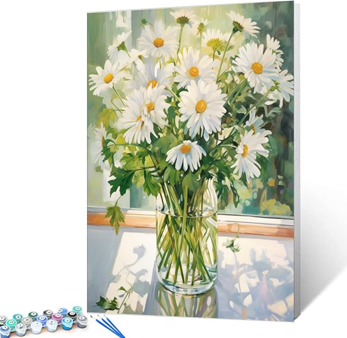 Tucocoo White Daisy DIY Paint by Numbers for Adults White Flowers with Green Leaves in Vase DIY Oil Painting Kits Canvas with Acrylic Paint Floral Plant Art 16x20 Inch （Without Frame ）