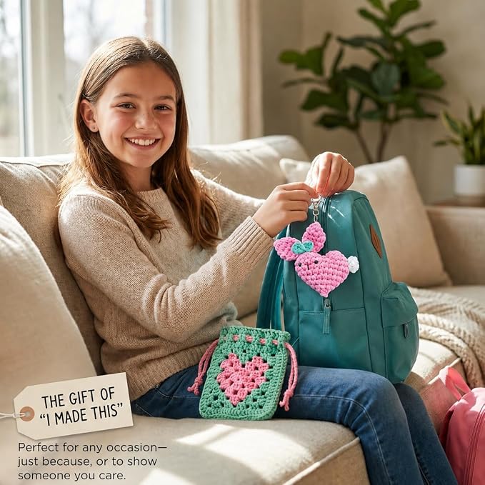 Wimmsie Crochet Animal Kit for Beginners - Easy Granny Square Crochet Kit for Beginners Kids & Adults - Cute Amigurumi Heart Bunny Keychain & Mini Heart Purse - Step by Step Video Tutorials