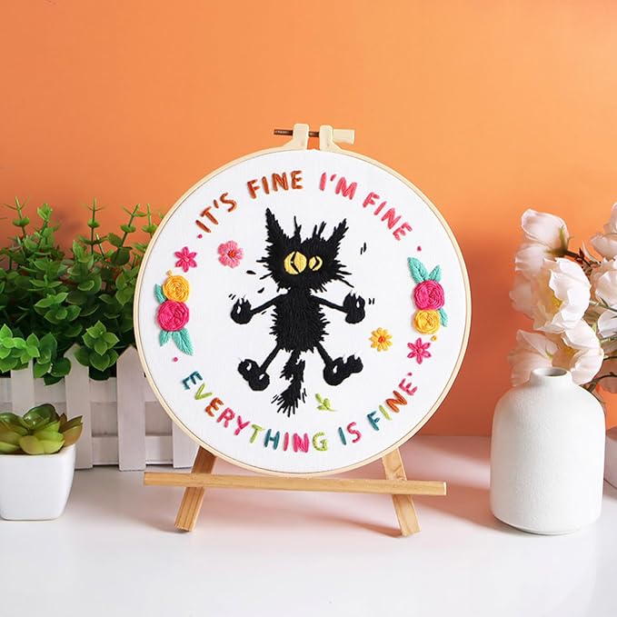 Louise Maelys Cute Cat Embroidery Kit for Beginners DIY Needlepoint | Adults Starter Cross Stitch Kits with Funny Animal Pattern, Complete Needlepoint Kit with Hoop, Threads, Needles and Guide