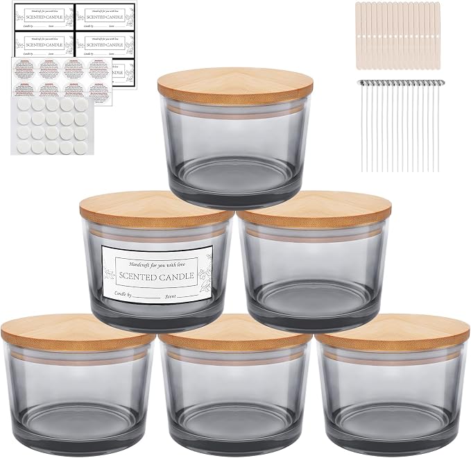 CONNOO 6 Pack 16oz Gray Wide Mouth Glass Candle Jars
