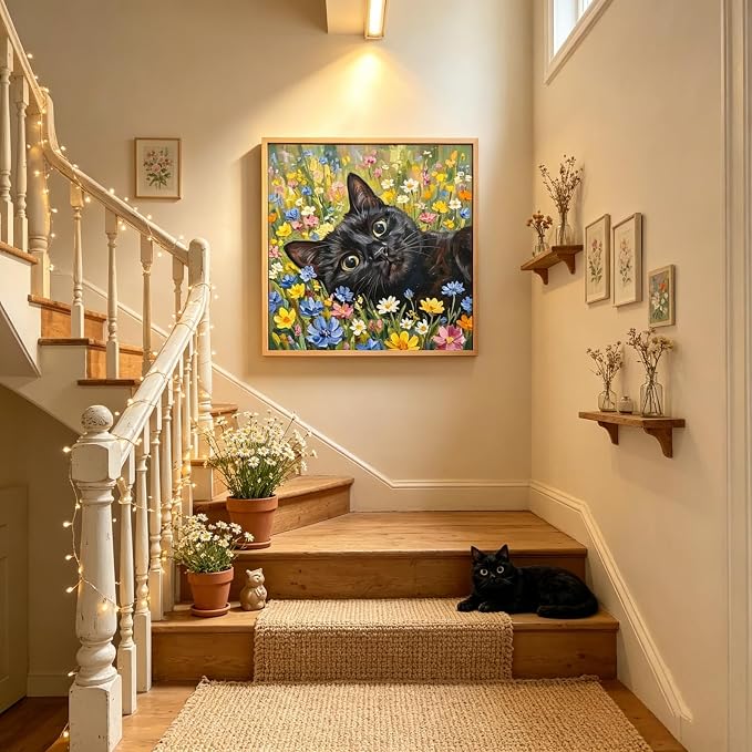 Diamond Painting Kit for Adults, Cat Flower Diamond Art Kits 13.7x13.7In | 5D Full Round Drill Gem Painting Paint by Diamonds Relaxing DIY Craft for Home Wall Decor