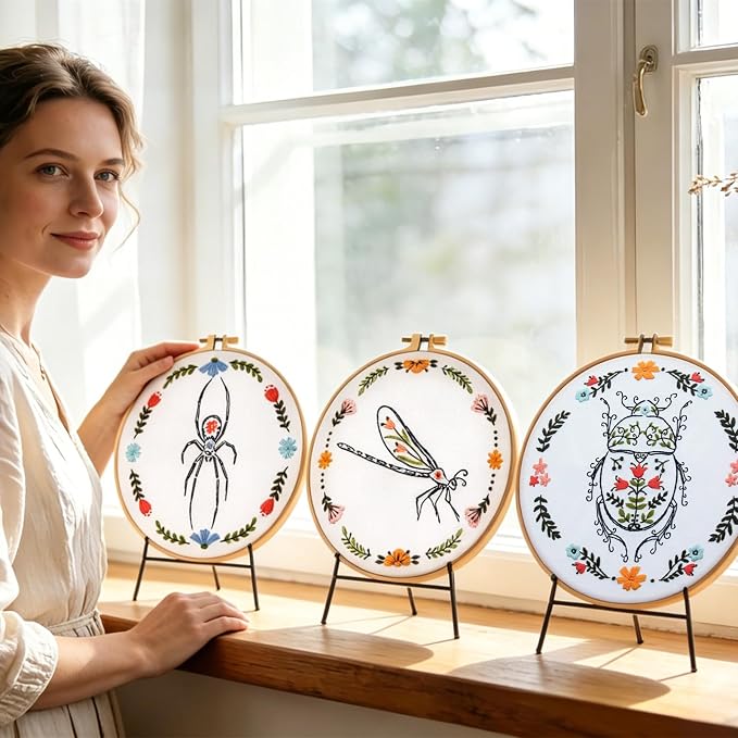 Armindou Hand Embroidery Kits for Beginners Adults, Insect Flowers Embroidery Set Needlepoint Kits, Spider Stamped Cross Stitch Kits for Beginners Adults, 3 Embroidery Hoops (Attached Video Tutorial)