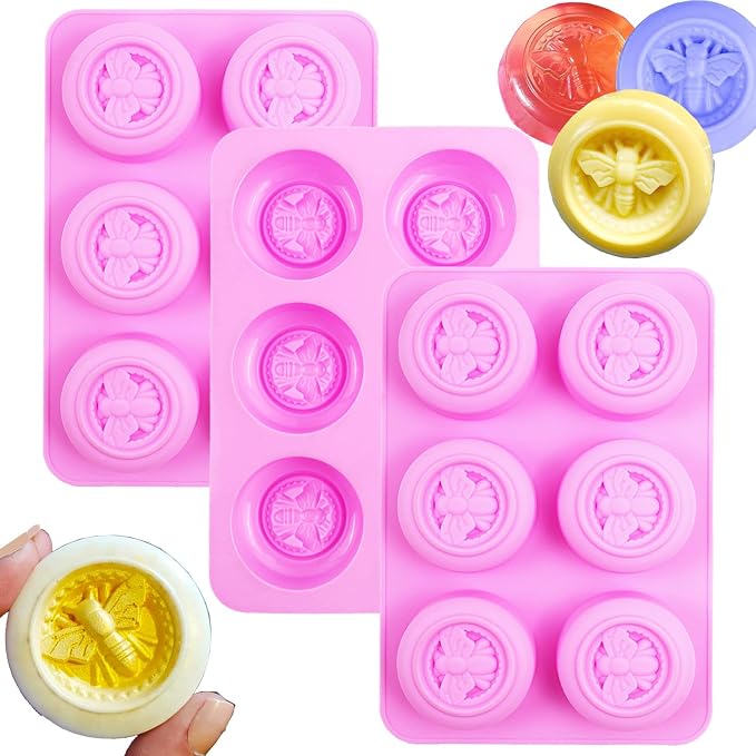 3Pcs Bee Silicone Molds Bee Soap Molds for Soap Making Lotion Bar Molds | Round Honeybee Silicone Mold for Making Homemade Soap, Lotion Bar, Jello, Bath Bomb, Beeswax, CandleChocolate（Pink）