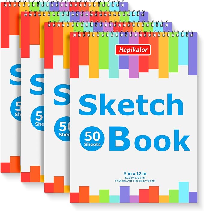Hapikalor 9"x12" Sketch Book, 4-Pack 50 Sheets Spiral Bound Art Sketchbook