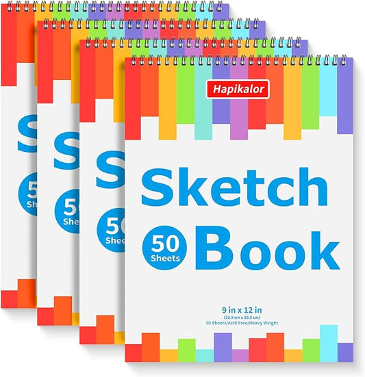 Hapikalor 9"x12" Sketch Book, 4-Pack 50 Sheets Spiral Bound Art Sketchbook