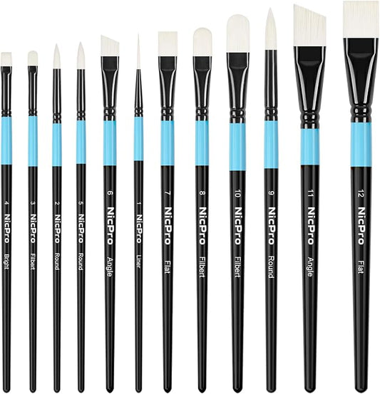 Nicpro 12pcs Artist Paint Brush Set, Paint Brushes for Acrylic Painting | Firm Synthetic Bristle Paintbrushes with Flat Round Filbert Angle Bright Liner for Oil Gouache, Tempera, Craft, Model, Fabric