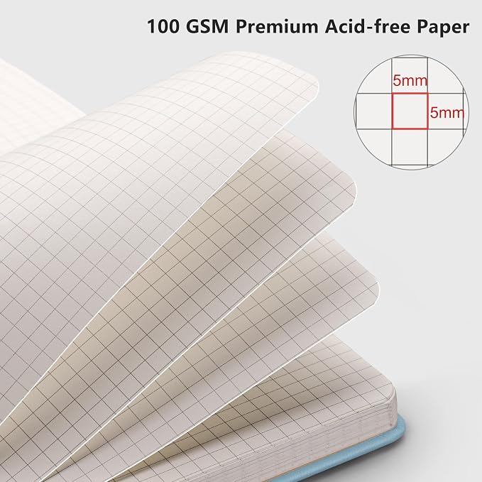 RETTACY Graph Grid Paper Notebook, 192 Pages, A5 Size (5.7'' x 8.3'') | 5 Squares per Inch, Leather Hardcover, 100 GSM Thick Paper, for School, Students, Math, Engineering (Light Blue)