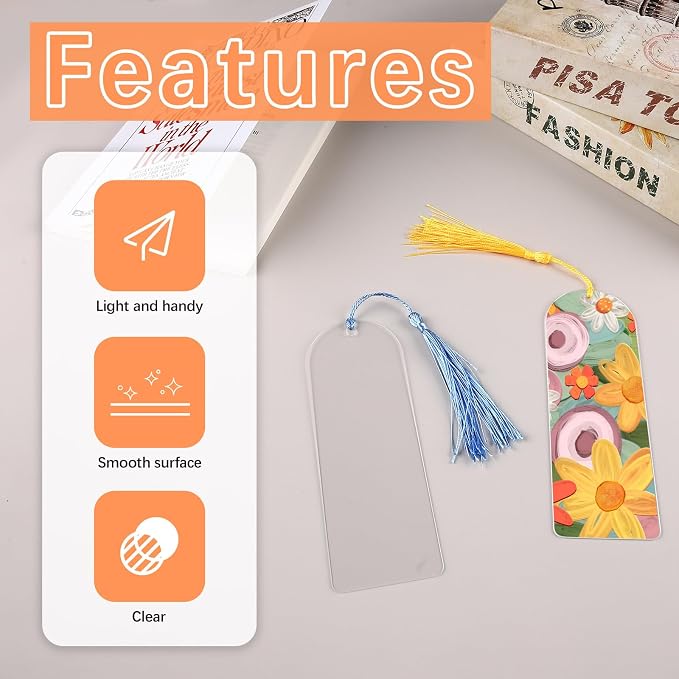 30 Pcs Clear Acrylic Bookmarks Blanks 6" x 2", Plastic Book Page Markers Transparent Semicircle Acrylic Bookmark Blank Bulk with 30 Pcs Book Mark Tassels for DIY Crafting Projects and Gift Tags