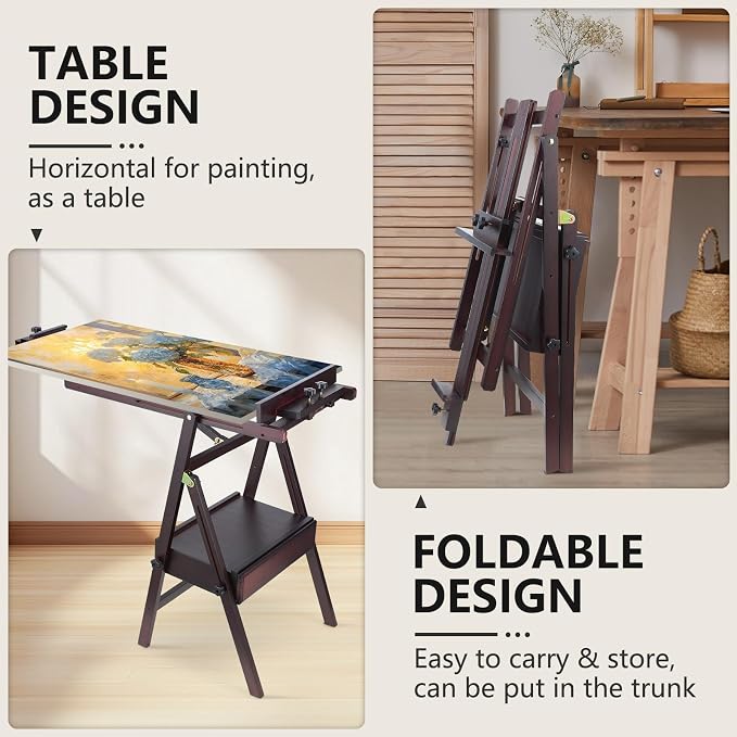 Beech Wood H-Frame Painting Easel with Storage Drawer, Walnut