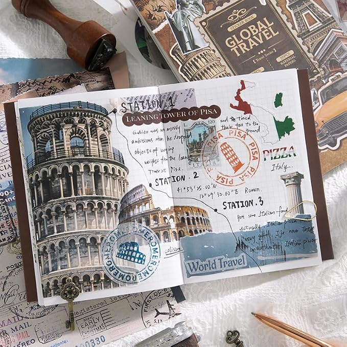 Prstincol Vintage Aesthetic Washi Stickers and Papers for Scrapbooking, 50 Sheets Ephemera Book for Art Journaling with Retro Global Travel Theme Stickers and Decoupage Papers for Junk Journal