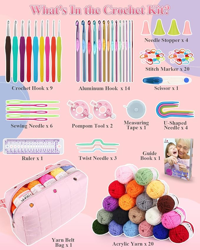 Aeelike Crochet Kit for Beginners Adults, Complete Yarn Kit, Pink | 87 PCS Crochet Kits for Beginners All-inclusive Crochet Set with Yarns Hooks Step-By-Step Instruction Storage Bag, Ideal Gift