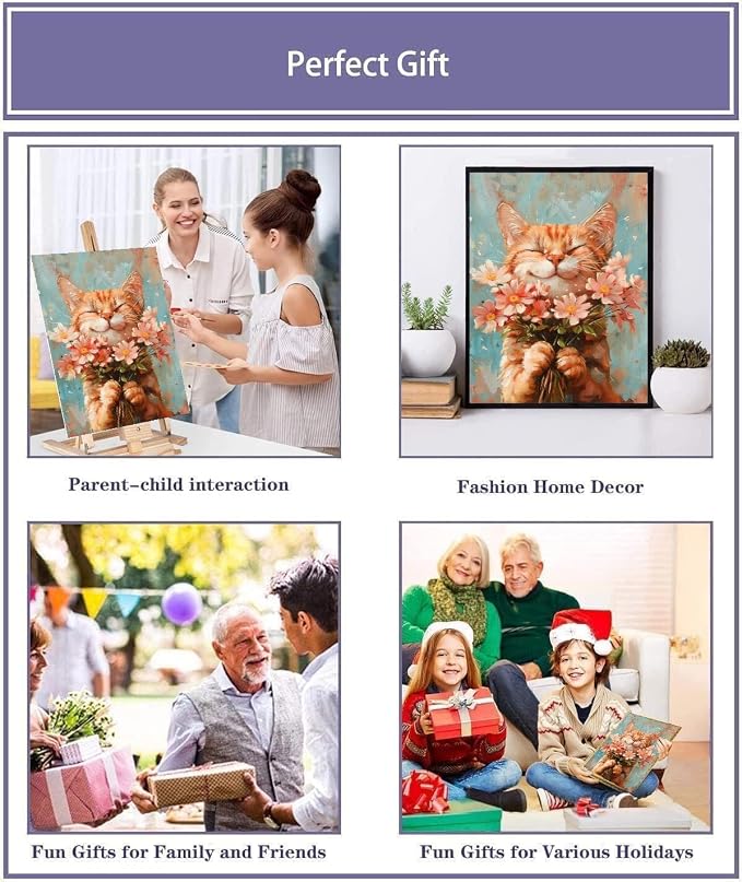 Cat Paint by Numbers Kit for Adults with Framed Canvas&Wooden Easel, DIY Acrylic Paint by Numbers Kits on Canvas, Cat with Flower Drawing Paintwork Arts and Crafts for Home Wall Decor 12x16inch