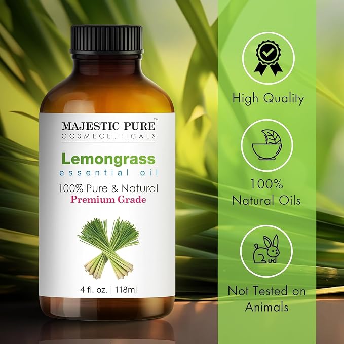 Majestic Pure Lemongrass Essential Oil for Diffuser - 4 Fl Oz (Pack of 2) | 100% Natural Essentials Oils for Aromatherapy, Massage, candle making, soap making and custom essential oil blends