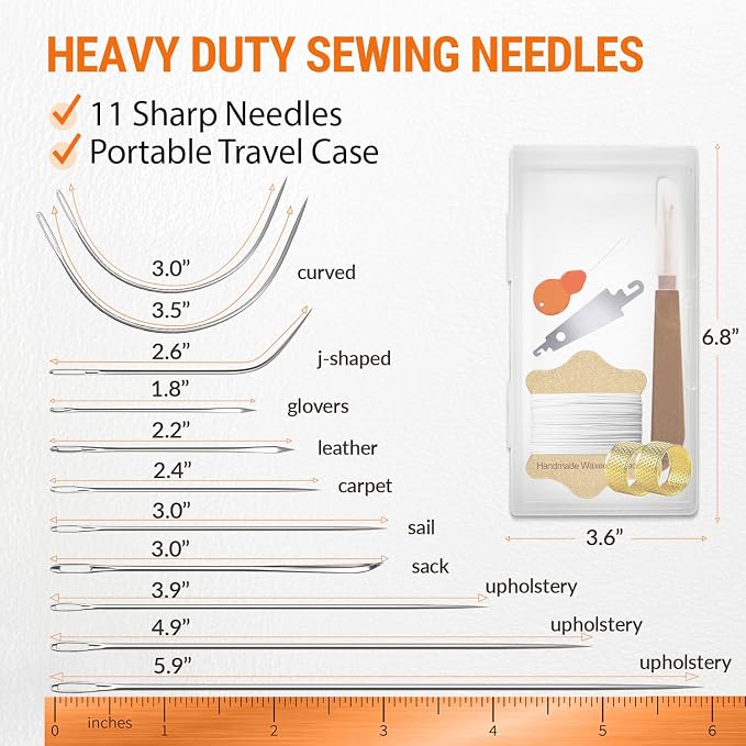 VONEEDL Upholstery Repair Kit: Waxed Sewing Thread (White Color) & Heavy Duty Needles (11 PCS) for Leather, Canvas & Quilting Thread
