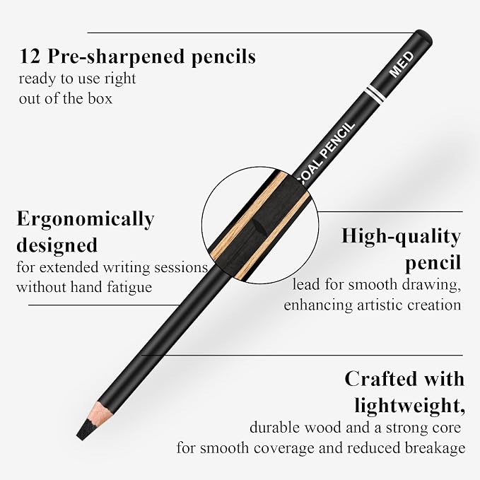 Aenir Charcoal Pencils for Drawing,（S-Soft, Soft, Medium, Hard 12 Pieces | Charcoal Drawing Pencils for Drawing, Sketching, Shading, Smooth, Art Supplies for Artist and Beginners