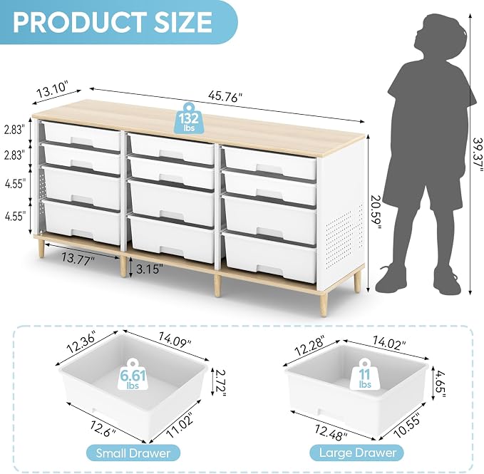 TOOLF 12 Drawers Storage Cabinet with Wooden Top and Plastic Bins, White | Toy Shelf Storage Chest Cubby Organizer, for Home, Office, Playroom, Classroom & Craft Room