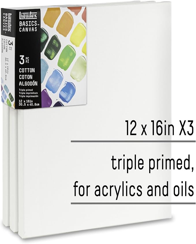Liquitex BASICS Canvas, 3 pack, 12" x 16" | Archival, Acid-Free, Non-Toxic, Medium Texture Cotton, Pre-primed with a triple layer of acrylic gesso, Stapled & Stretched
