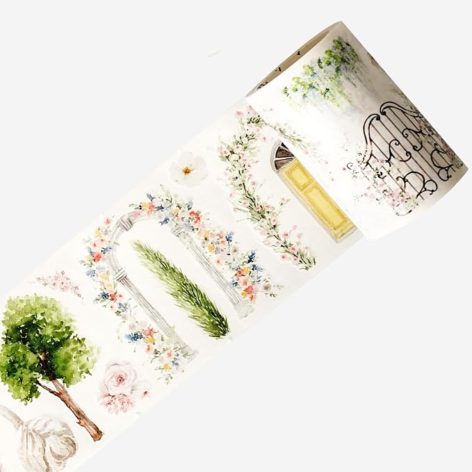 WT Pre-Cut French Courtyard Wide Washi Tape, Single Roll, Romantic European Courtyard Style with Floral Designs, Decorative Washi Paper Tape for Journaling, Scrapbooking, Planner, DIY Crafts