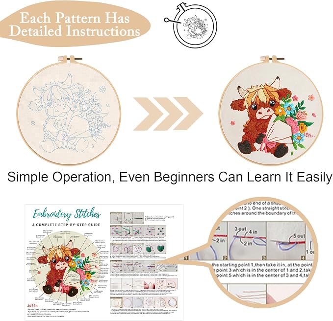 Nuberlic 3 Pack Embroidery Kit for Beginners, Highland Cow Embroidery Kits