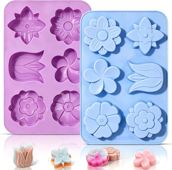 SJ Silicone Molds for Crafts, 2 Pack Tulip and Flower Soap Molds | 6 Cavities with Assorted Blossom Designs, Flexible, Easy-Release for Plaster, Resin, Bath Bombs, Wax and DIY Projects