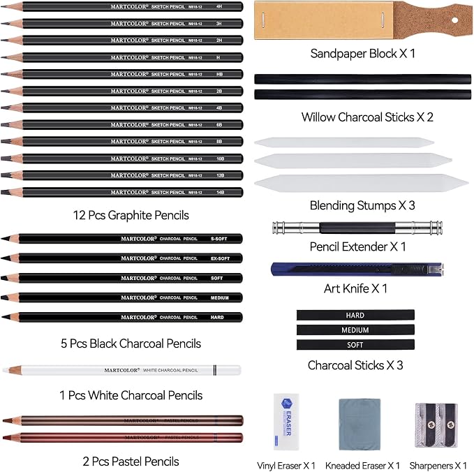 MARTCOLOR Drawing Sketching Pencils Set, 34 Pieces Graphite Pencil (14B-4H) | Pro Art Pencil Kit with Charcoal Pencils, Charcoal Sticks, Artist Pencils for Beginners & Pro Artists