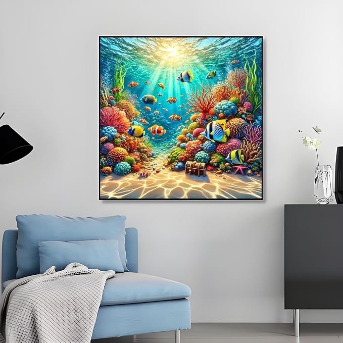 Fish Diamond Art Kits for Adults,5D Sea Coral Reef Landscape Diamond Painting Kits for Adults Beginner,DIY Full Drill Diamond Dot Painting Gem Art Kits for Adult,Home Wall Decor 13.79 X 13.79Inch