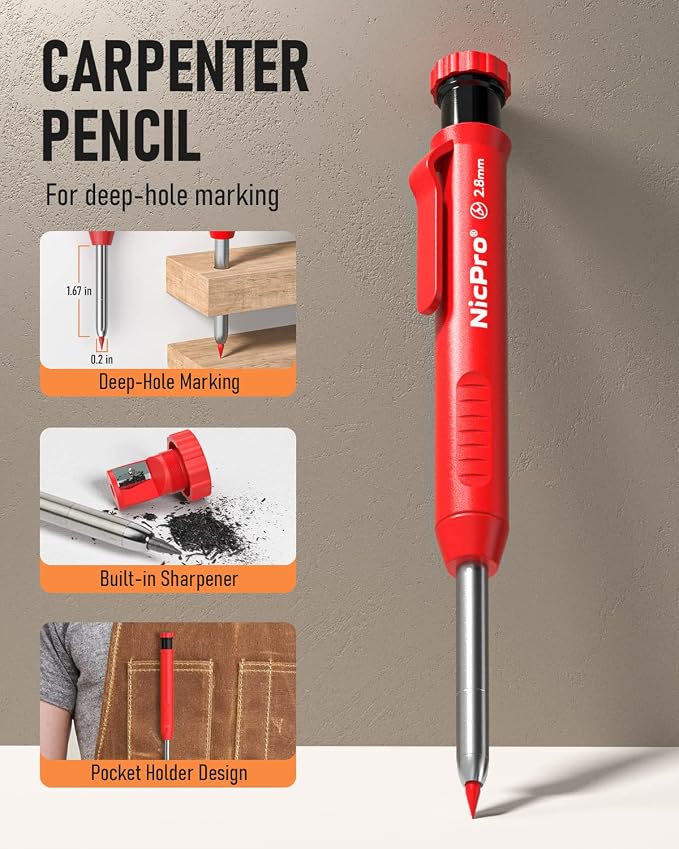 Nicpro 1 Pack Carpenter Pencil with Sharpener, 2.8 mm Construction Pencil