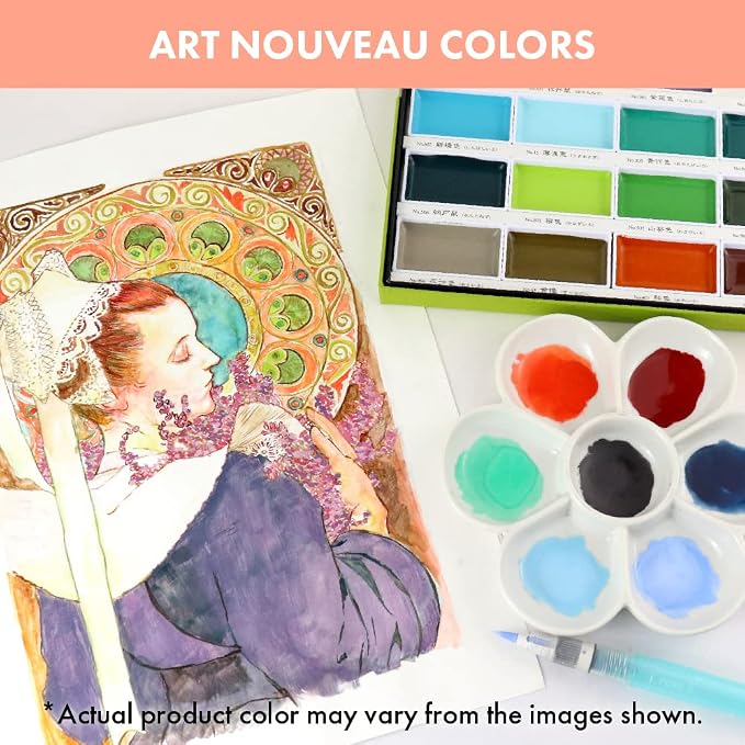 Kuretake GANSAI TAMBI Watercolor Paint Set 24 Colors II - Art Nouveau, Professional-Quality Art Supplies for Artists Adult Painting Sketching, Non-Toxic, Made in Japan