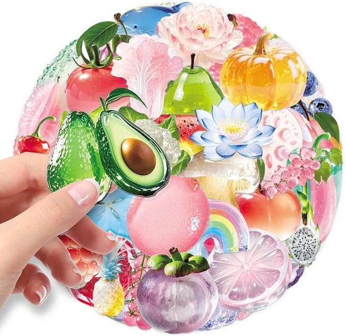 Fruit Stickers Pack 50 PCS, Jelly Aesthetic Waterproof Die-Cut Glossy Crystal Sticker Set for Water Bottles Laptop Luggage Skateboard, Scrapbook Journal Phone Case Notebook (colours-F16)