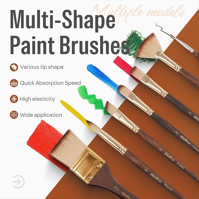 Nicpro 36pcs Paint Brush Set for Acrylic Painting,Oil, Watercolor (Golden) | Professional Paintbrushes for Acrylic Oil Gouache,Includes Palette Knife and Cloth Roll, Art Supplies for Artists & Beginners