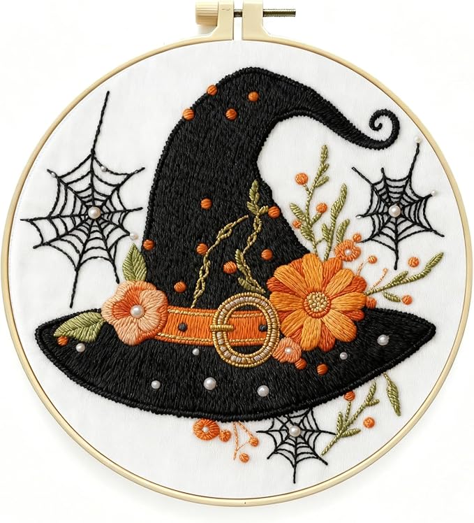Zhenqing Halloween Witch Hat Embroidery Kit for Beginners, Black Witch Hat Needlework Kit with Pre-Printed Cotton Fabric, Hoop, Threads & Tools, Spooky Fall Decor (C0119)