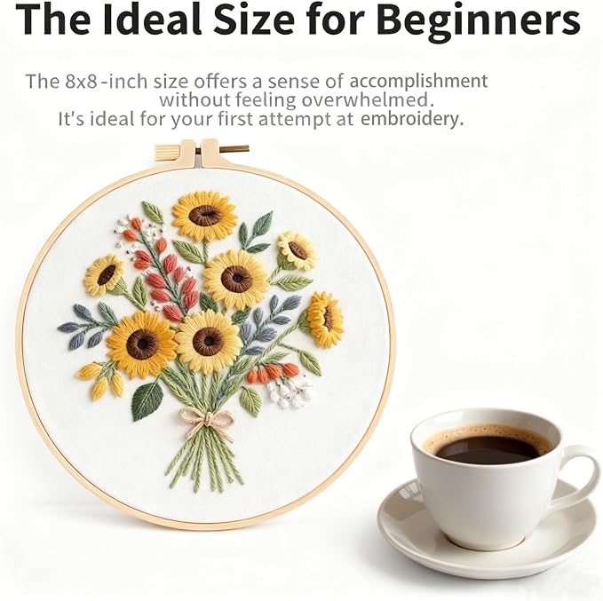 Sunflower Embroidery Kit for Beginners - All in One DIY Cross Stitch Starter with Hoop, Pre-Printed Fabric, Embroidery Threads, Needles,Perfect Craft Gift for & Home Decor