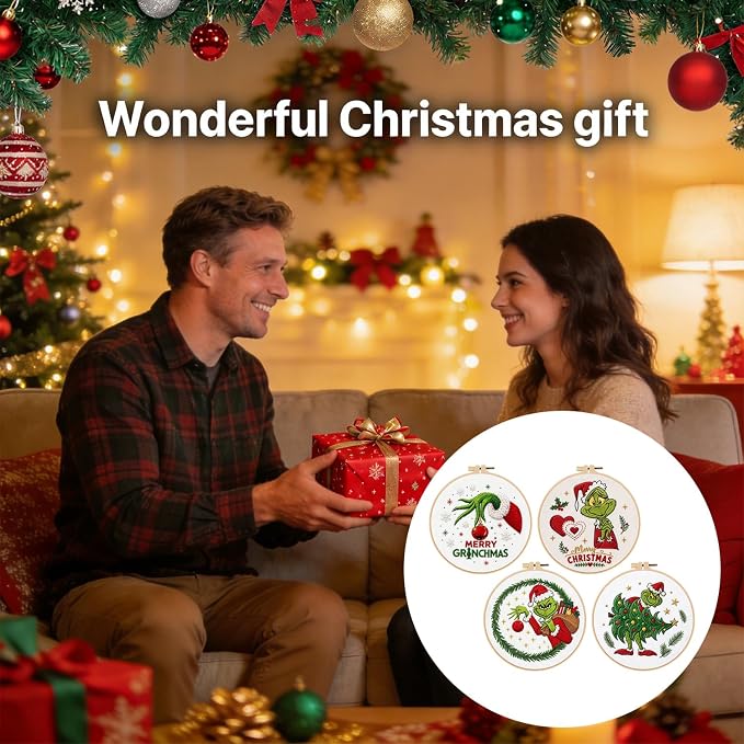 BBLYBD Christmas Embroidery Kit, 4 Set Embroidery Starter Kit, Cross Stitch Kits with Pre-Printed Embroidery Fabric, Hoops, Step-by-Step Instructions, Color Threads & Needles (Christmas02-4 Set)