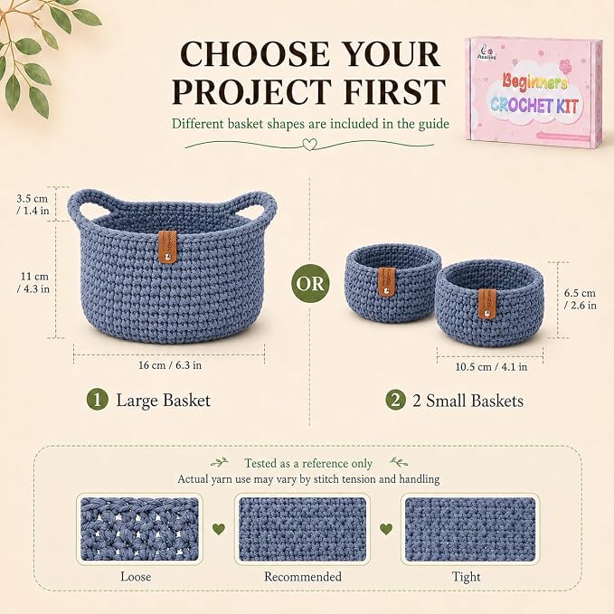 27PCS Crochet Basket Kit for Beginners,Grey Square Basket,Gift Box Package